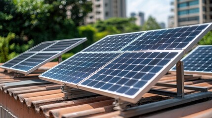 Fototapeta premium Rooftop Solar Panels, Sustainable Energy