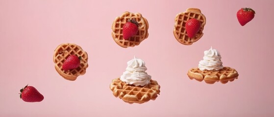 Waffles with Strawberries and Whipped Cream on a Pink Background
