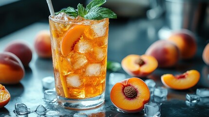 Refreshing peach iced tea with ice, mint garnish on kitchen countertop with peaches scattered around it