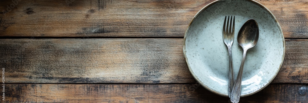 Aufkleber Elegant table setting with rustic utensils and a minimalistic plate on a wooden surface. Generative AI
