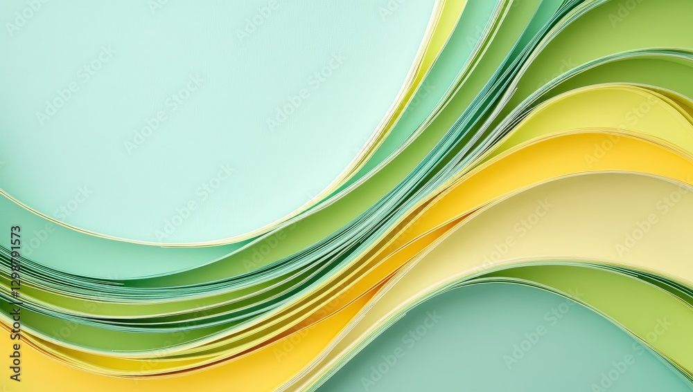 Poster soft green and yellow wave pattern of curved paper sheets creating a harmonious and contemporary abs