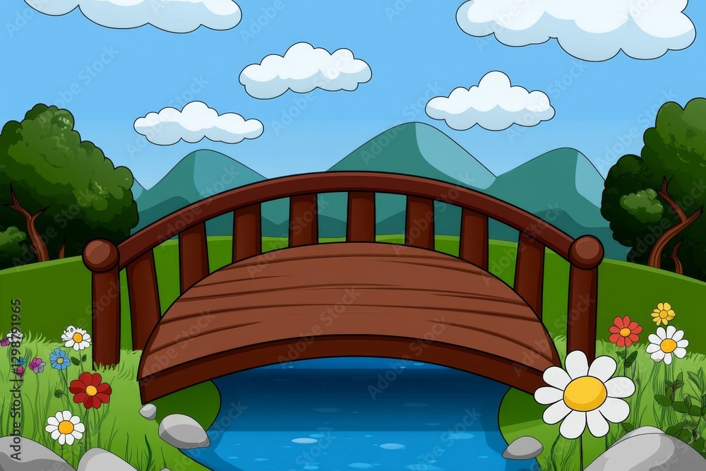 Poster a flat vector illustration of a footbridge over a river in a modern design