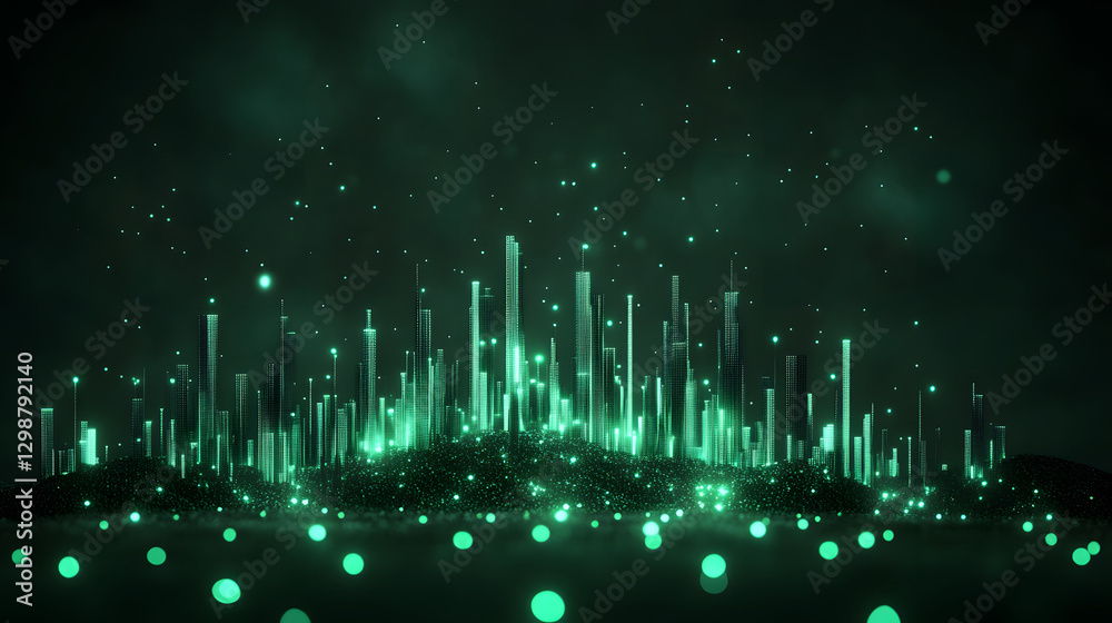Poster Digital landscape with glowing green structures and floating particles