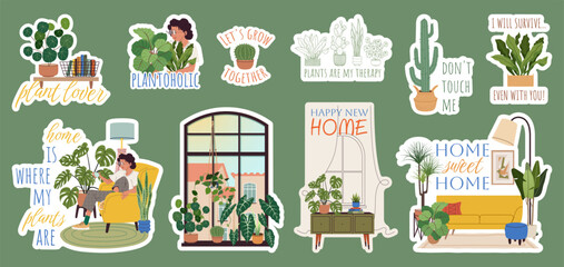 Home plants and home decor stickers. Stickers set with houseplants, cozy interiors, and plant themed quotes for diary and planner decor, plant lovers and home decor enthusiasts. Vector illustration.