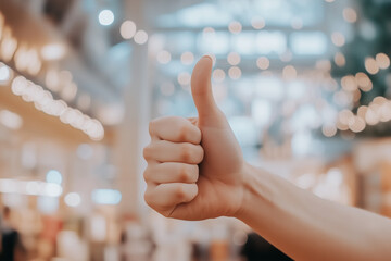 A happy customer giving a thumbs-up after receiving excellent service, symbolizing satisfaction with copy space. Bright cheerful lighting. Retail store background. 