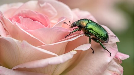 Fototapeta premium Jeweled Beetle on a Rose: Captivating close-up of a vibrant green jewel beetle perched delicately on a soft, pink rose petal, showcasing nature's intricate beauty and contrasting colors.