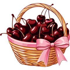 A wicker basket in light beige filled with cherries in deep cherry red, tied with a pink bow
