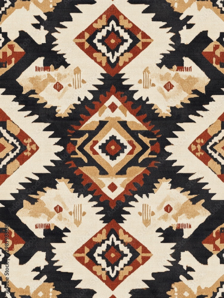 Poster decorative tribal rug featuring geometric patterns in earthy tones on a cream background. generative