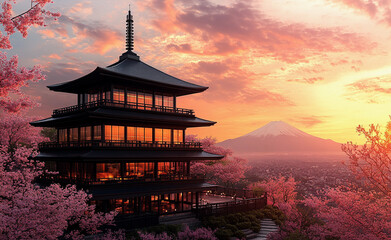 Naklejka premium Serene Chureito Pagoda at Sunset with japan Mount Fuji and Blooming Cherry Blossoms in Full Splendor