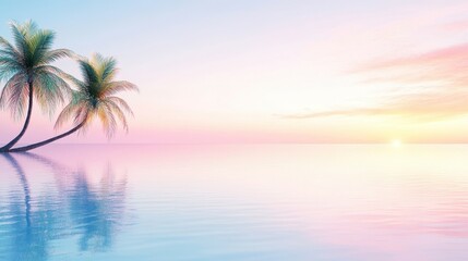 Paradise Found: Palm trees stand tall in the twilight, casting a reflection on the tranquil sea. Capturing the dreamy ambience of an idyllic beach setting.