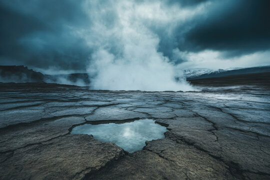 Geothermal hot spring emitting steam under dark clouds in iceland - Powered by Adobe