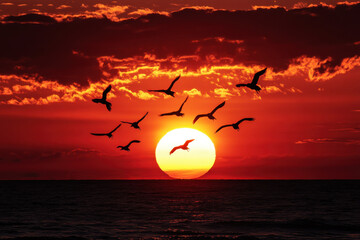 Birds flying over ocean at sunset with cloudy sky