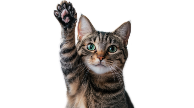 Cat raising paw isolated on white background, playful tabby feline with green eyes, curious pet expressing greeting, adorable kitty raising hand, animal lover.