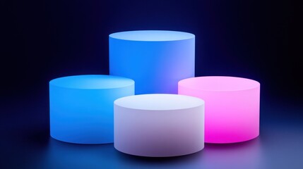 Illuminated Cylindrical Display Platforms with Colorful Lighting in Dark Setting