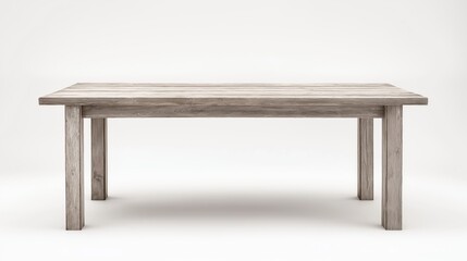 A full shot of a rustic, light gray-brown wooden dining table with a rectangular top and four simple, straight legs, showcasing a rich wood grain texture, against a pure white background.