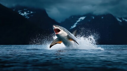 Great White Shark Breaching the Ocean Surface with Dramatic Background