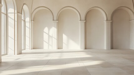 Fototapeta premium Sunlit Room With Arched Windows And Cream Walls