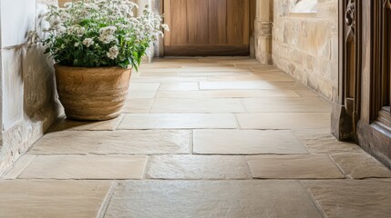 Stone Floor Hallway With Planter And White Flowers