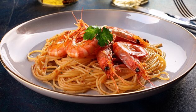busiate pasta with red shrimps from mazara del vallo served in a restaurant in sicily trapani