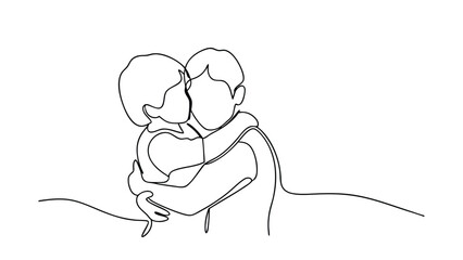 Singleline drawing of father and child embracing lovingly