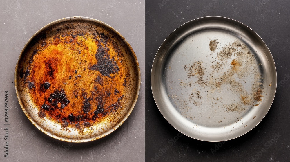 Poster Before and after comparison of a baking tray showing significant wear and stains from heavy use. Generative AI