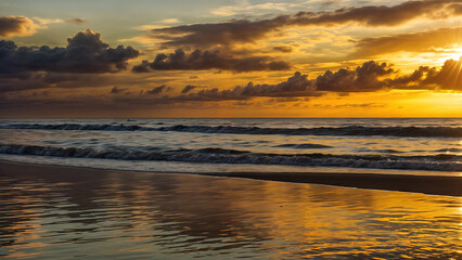 Fototapeta premium Romantic sunset over the ocean, where the sun's rays paint the sky in shades of gold, pink and purple.