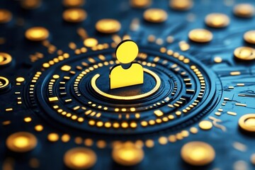 Abstract representation of digital connectivity and user interaction with technology, featuring a central figure surrounded by glowing circles and patterns