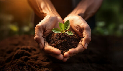 Nurturing Growth and Hope: Hands Cradling a Vibrant Seedling in Rich Soil, Symbolizing Sustainability and New Beginnings