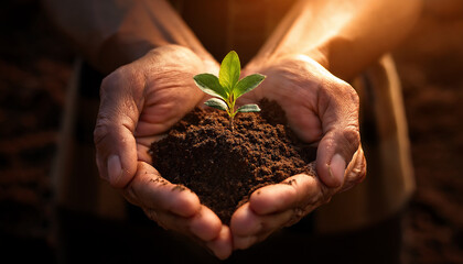 Nurturing Growth and Hope: Hands Cradling a Vibrant Seedling in Rich Soil, Symbolizing Sustainability and New Beginnings