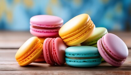 colorful macaroons on a wooden table