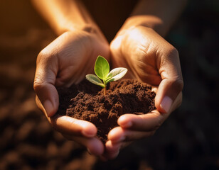 Nurturing Growth and Hope: Hands Cradling a Vibrant Seedling in Rich Soil, Symbolizing Sustainability and New Beginnings