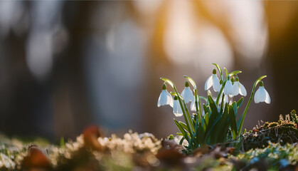 Delicate Snowdrops in the Soft Glow of Morning Light: A Serene Symbol of Early Spring Renewal