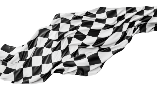 Checkered flag waving in the wind isolated on white background, symbolizing victory in racing, motorsport, and competitive events.