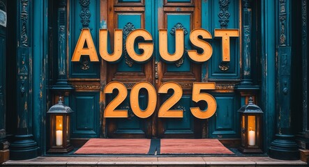 august 2025 lettering on a signage in door background