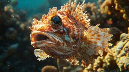 Vibrant Underwater Image of Scorpion Fish Among Coral Reef and Sea Life in Martian Waters