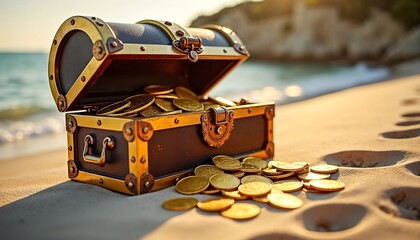 Pirate treasure chest filled with gold coins, sandy beach background, adventure theme 
