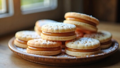 Delicious homemade cookies with caramel filling arranged on a wooden plate near a window copy space