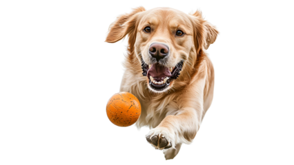 a golden retriever joyfully running toward the camera, with a ball in its mouth 