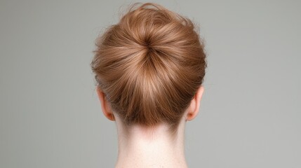 Woman's elegant bun hairstyle, back view, studio shot, grey background, hair tutorial