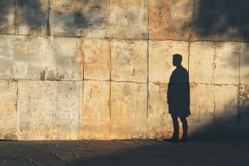Man's shadow projected on old stone wall.