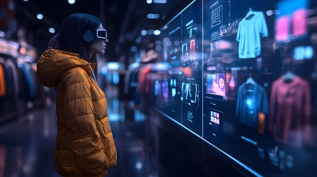 Augmented reality shopping experience with a virtual fitting room, futuristic e-commerce innovation, sleek vector illustration