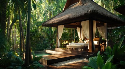 Relaxing Tropical Getaway Luxurious Gazebo in Lush Green Jungle Setting