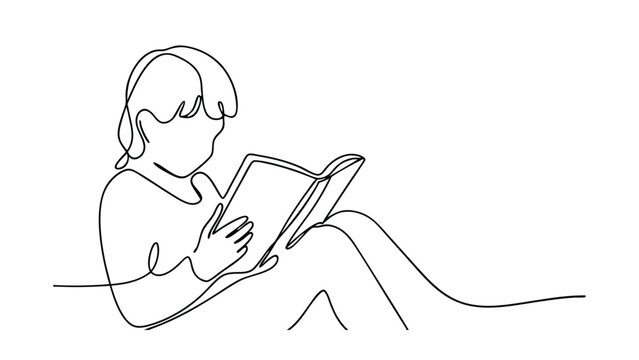 A minimalist line drawing depicts a child comfortably seated, deeply engrossed in reading a book. The singleline art style emphasizes the peaceful moment of quiet reading and absorption in literature.