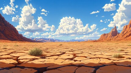 Expansive Desert Landscape Featuring A Few Jagged Rocks and Sparse Patches of Green Grass Under A Clear Blue Sky Evoking A Sense of Serenity and Solitude