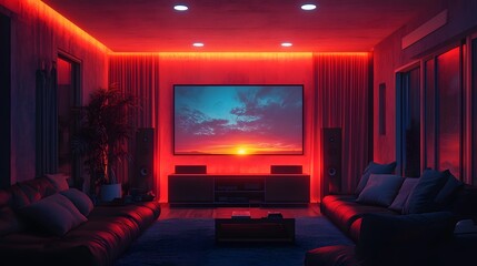 Home theater setup with a projector streaming a movie, cinematic entertainment concept, sleek vector illustration