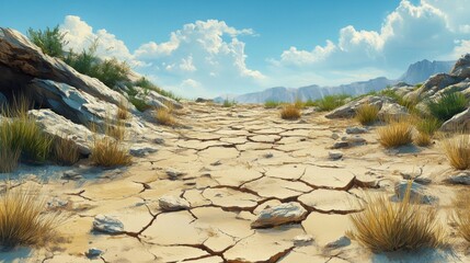 Vast Desert Landscape with Rugged Rocks and Lush Grass Showcasing the Beauty of Arid Nature and the Harmony of Life in a Dry Environment