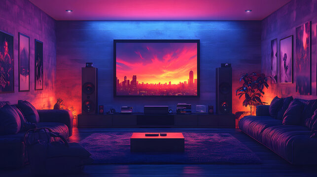 Home theater setup with a projector streaming a movie, cinematic entertainment concept, sleek vector illustration - Powered by Adobe