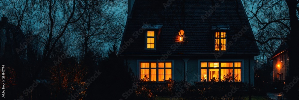 Aufkleber Warm glow emanates from cozy house surrounded by trees on a chilly evening. Generative AI