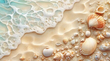 Tranquil Beach Scene Featuring Soft Sand Seashells Gentle Waves and Clear Blue Sky Evoking a Calm and Relaxing Atmosphere of Coastal Serenity