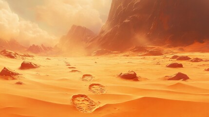 Expansive Desert Landscape Featuring Majestic Rocks and Smooth Sand Dunes Underneath a Bright Blue Sky Evoking a Sense of Tranquility and Adventure